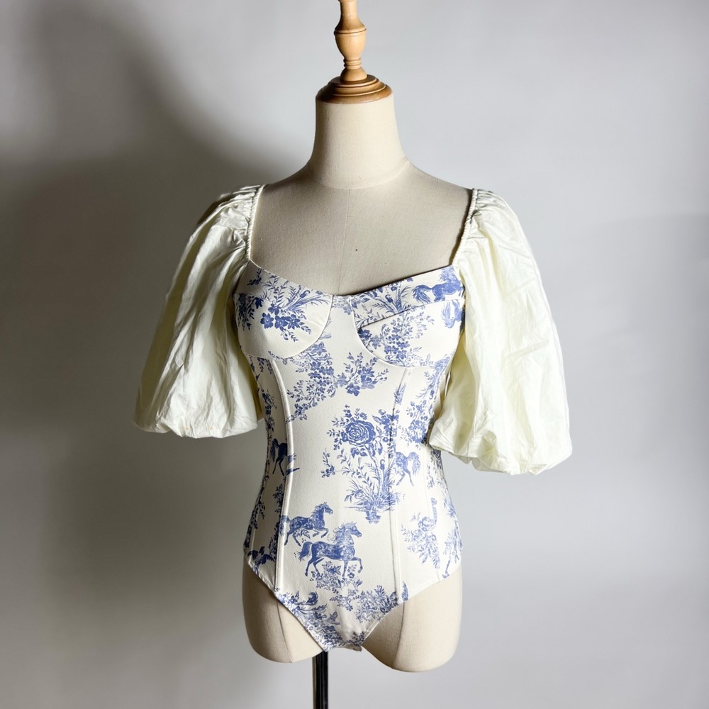 NWT FREE PEOPLE Prairie Rose Toile Puff Sleeve Open Back Bodysuit XS